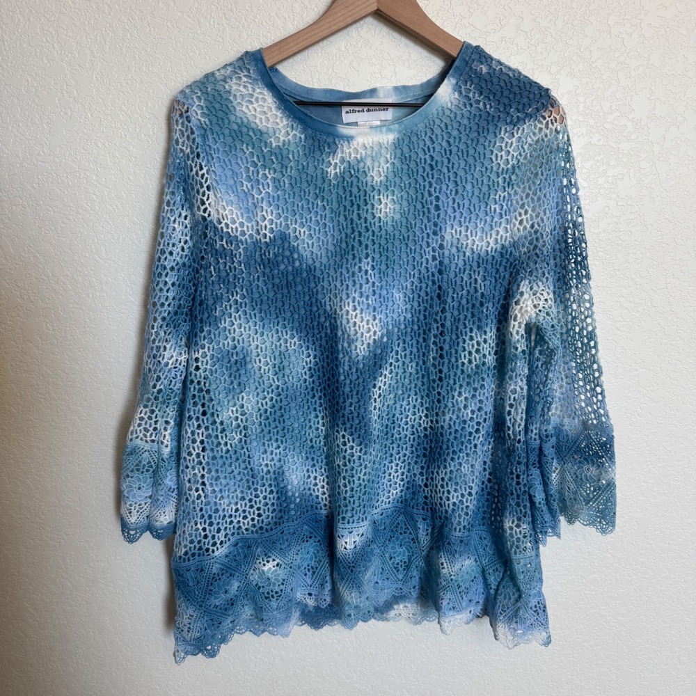 Coastal Mermaidcore Alfred Dunner Crochet Lace Tunic Top Small Blue